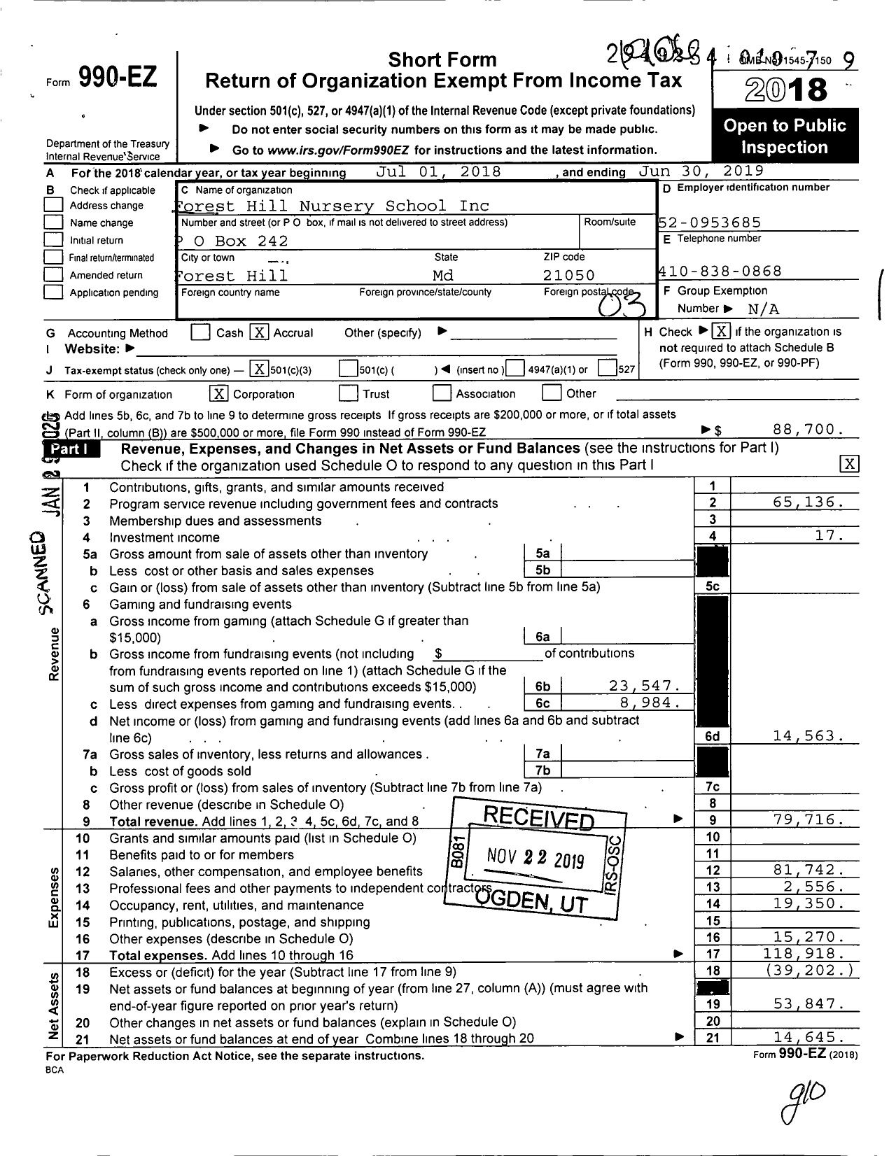 Image of first page of 2018 Form 990EZ for Forest Hill Nursery School