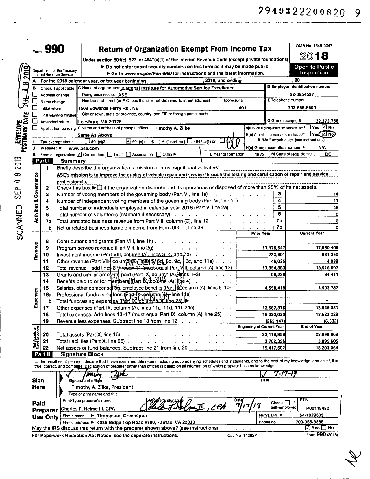 Image of first page of 2018 Form 990O for Automotive Service Excellence (ASE)