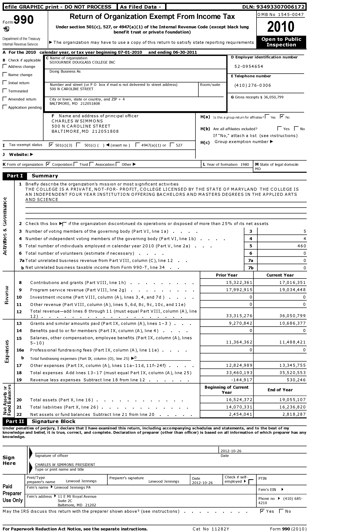 Image of first page of 2010 Form 990 for Sojourner-Douglass College