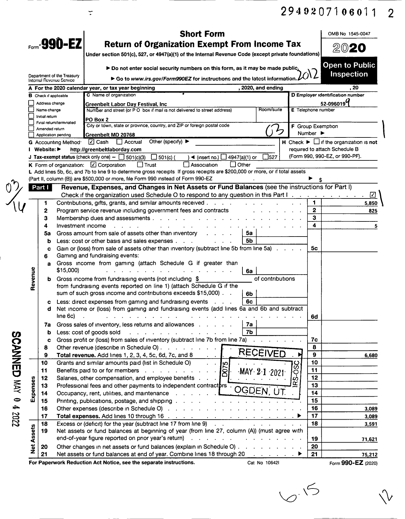 Image of first page of 2020 Form 990EZ for Greenbelt Labor Day Festival Committe