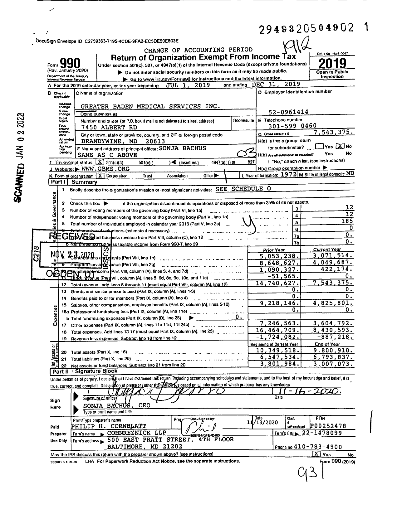 Image of first page of 2019 Form 990 for Greater Baden Medical Service (GBMS)