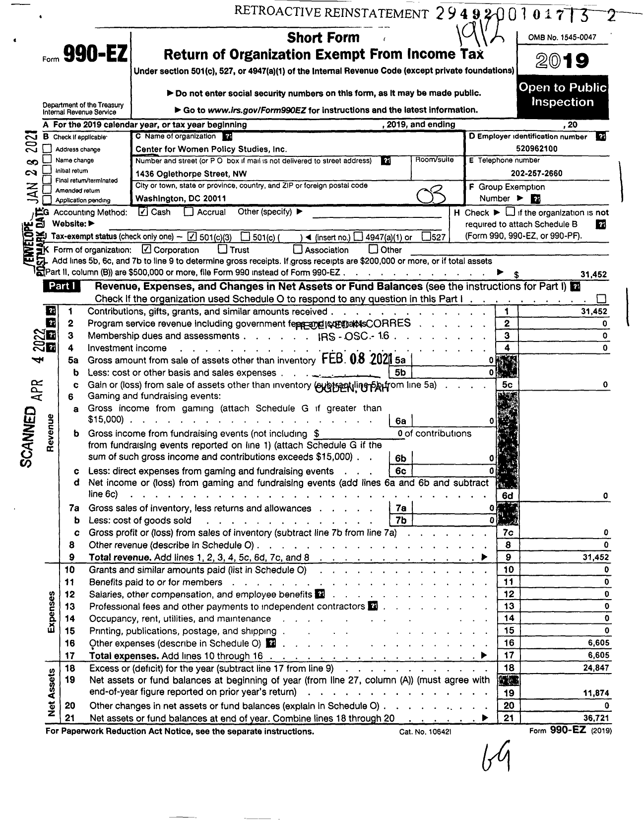 Image of first page of 2019 Form 990EZ for Center for Women Policy Studies