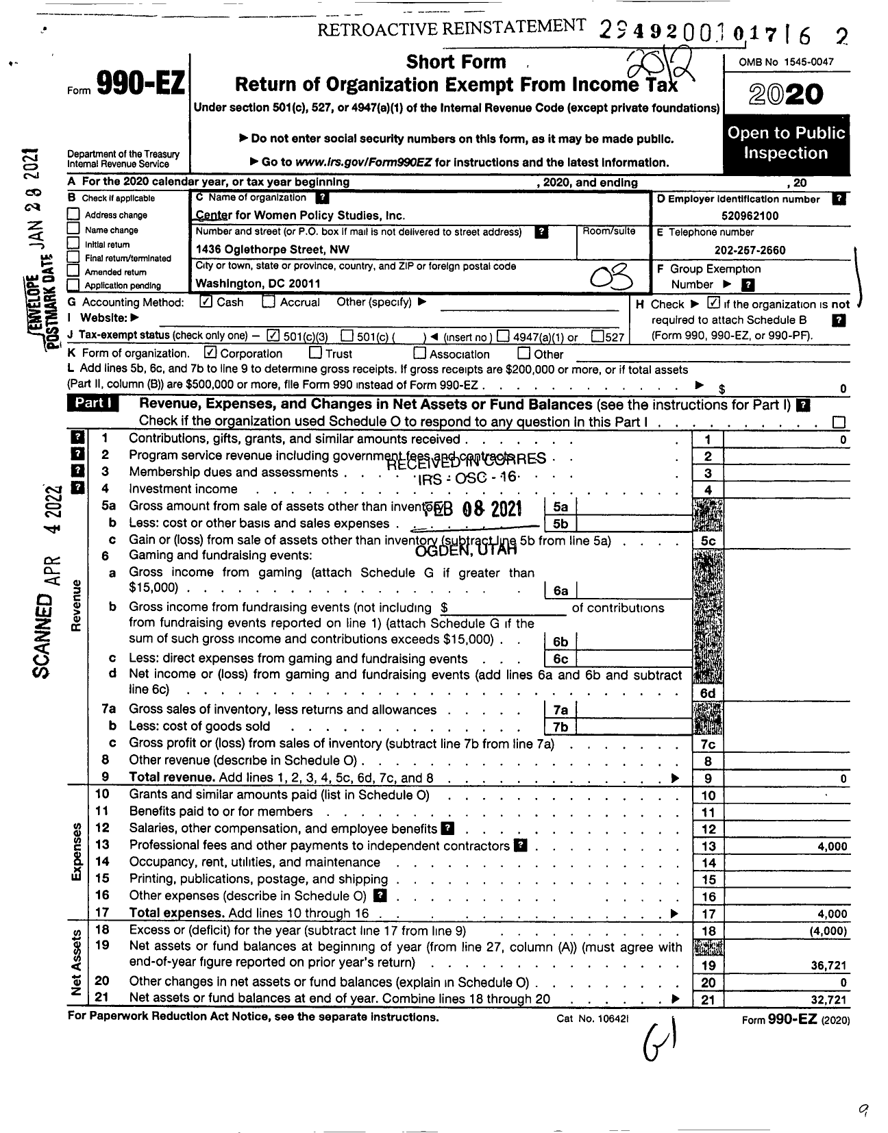 Image of first page of 2020 Form 990EZ for Center for Women Policy Studies