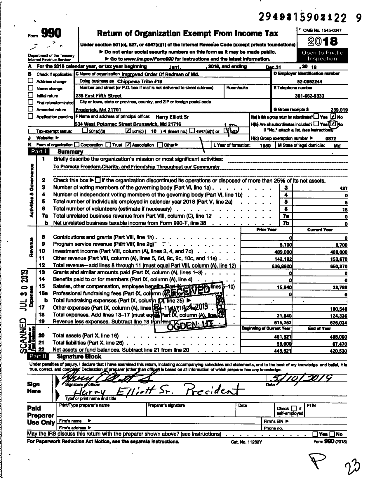 Image of first page of 2018 Form 990O for Improved Order of Redmen of Maryland - Chippewa Tribe 19