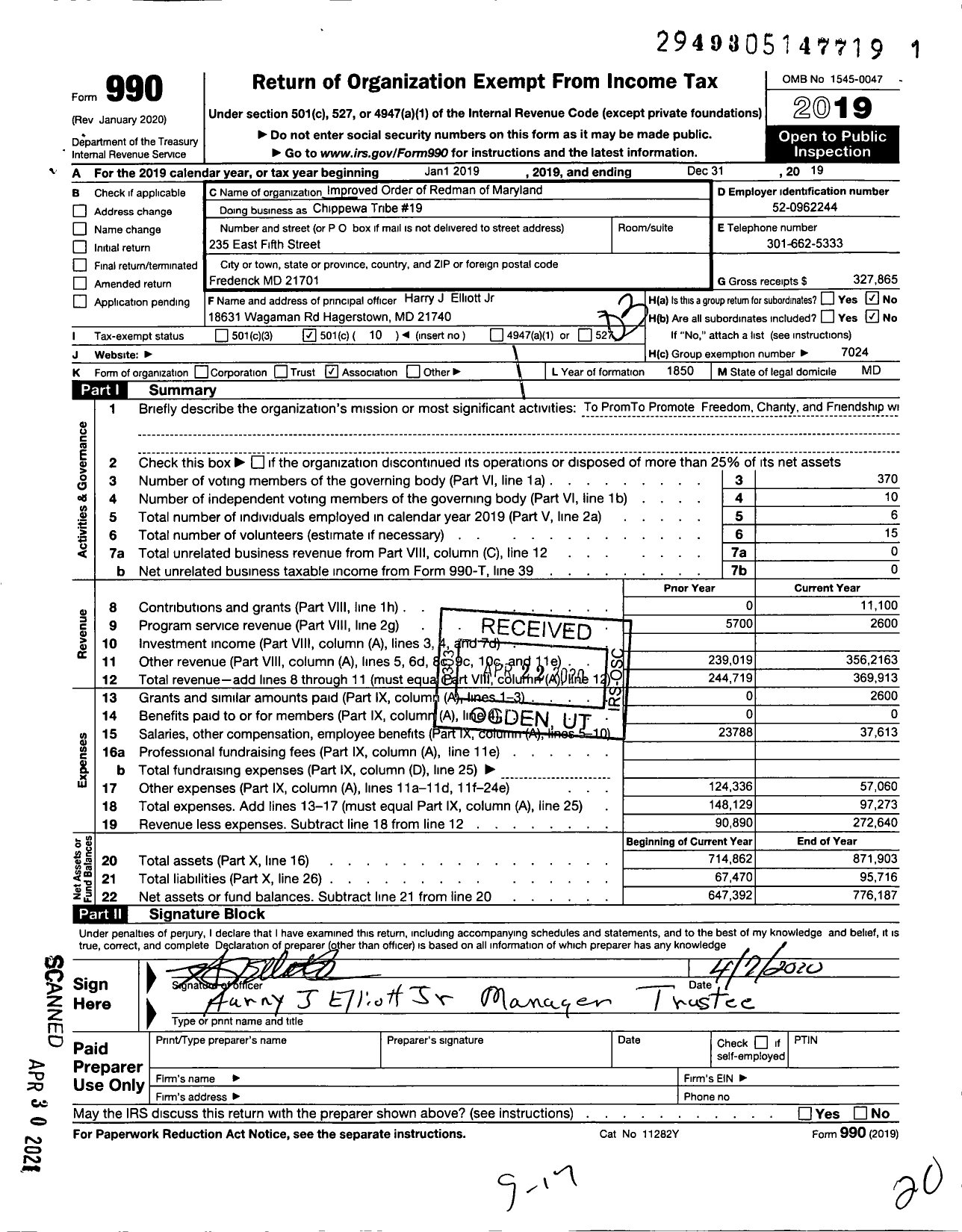 Image of first page of 2019 Form 990 for Improved Order of Redmen of Maryland - Chippewa Tribe 19