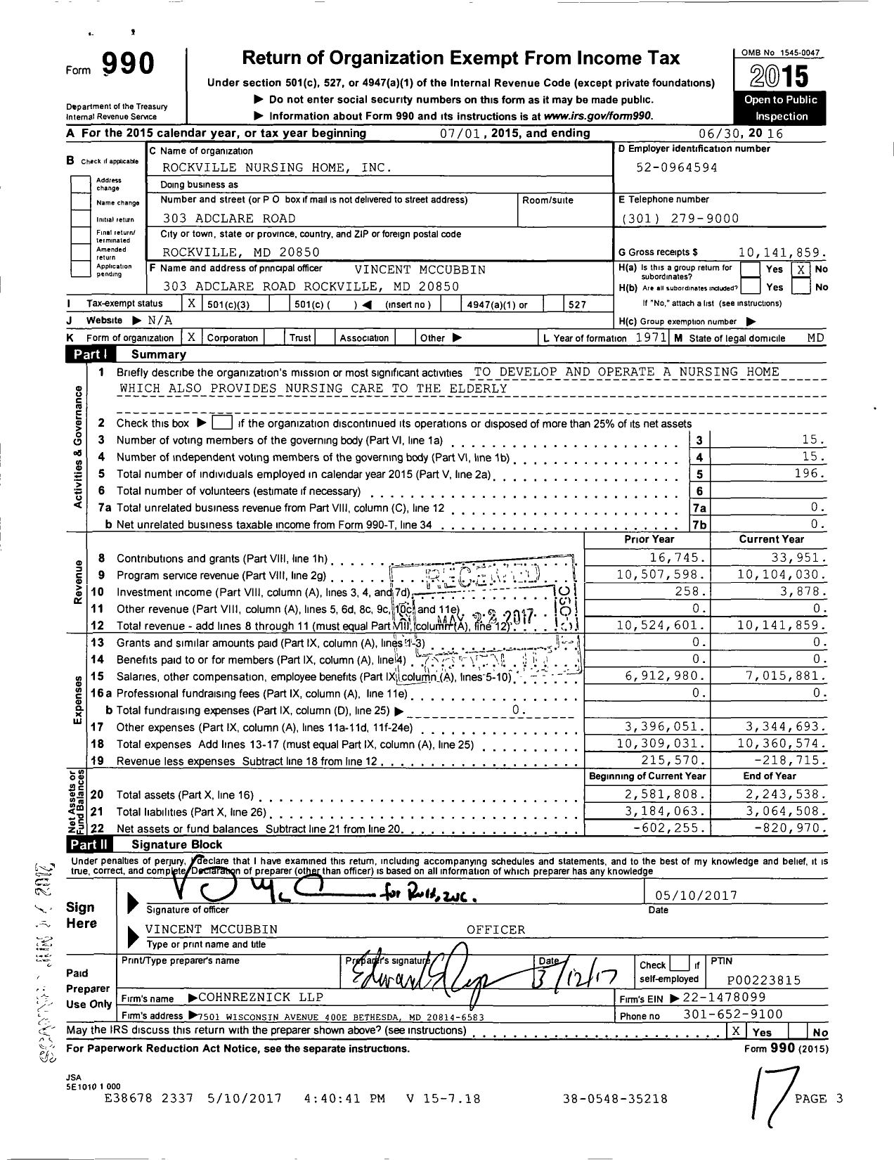 Image of first page of 2015 Form 990 for Rockville Nursing Home Foundation