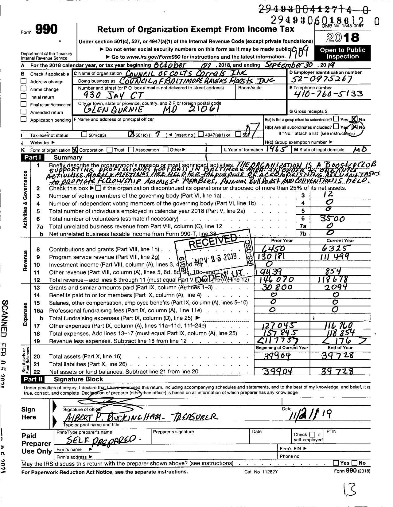 Image of first page of 2018 Form 990O for Council of Colts Corrals Council of Baltimore Ravens Roosts