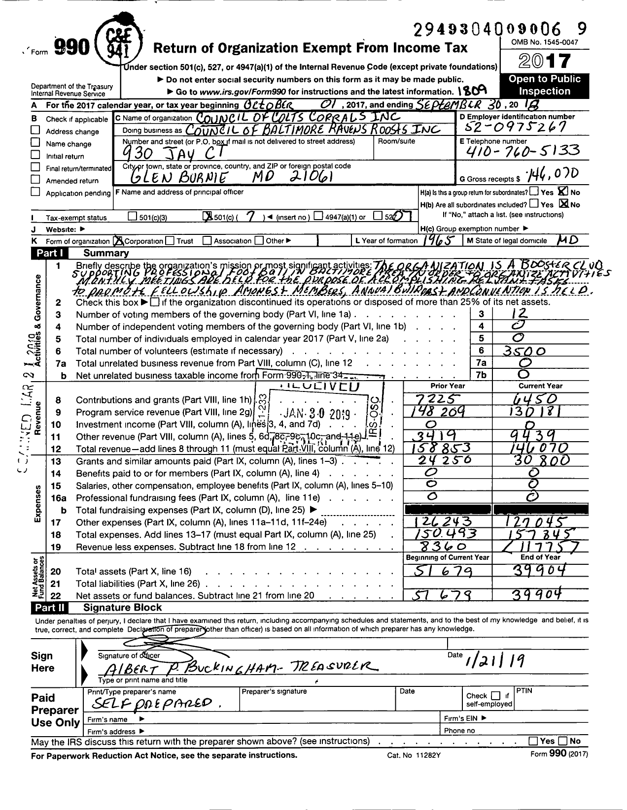 Image of first page of 2017 Form 990O for Council of Colts Corrals Council of Baltimore Ravens Roosts