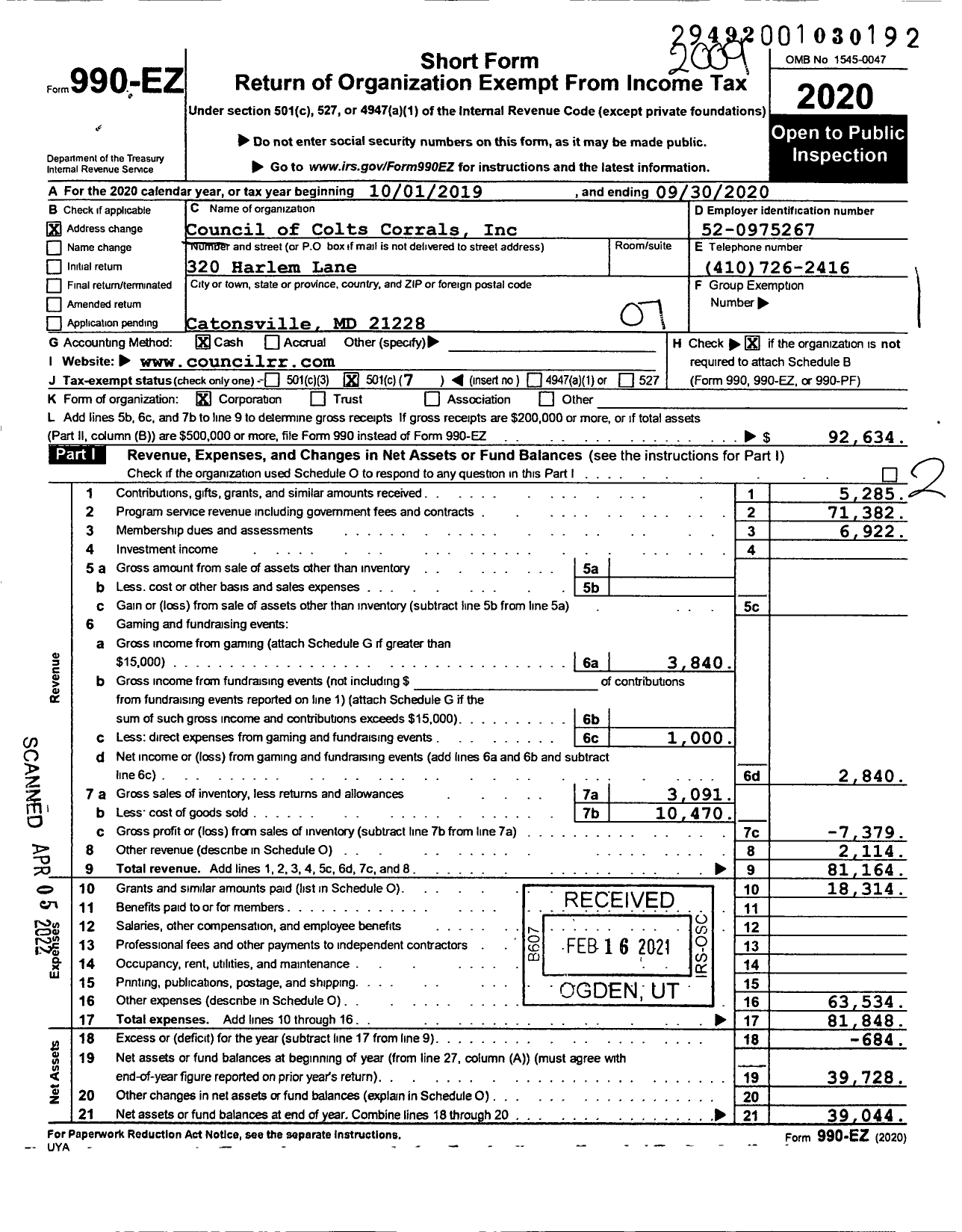 Image of first page of 2019 Form 990EO for Council of Colts Corrals Council of Baltimore Ravens Roosts