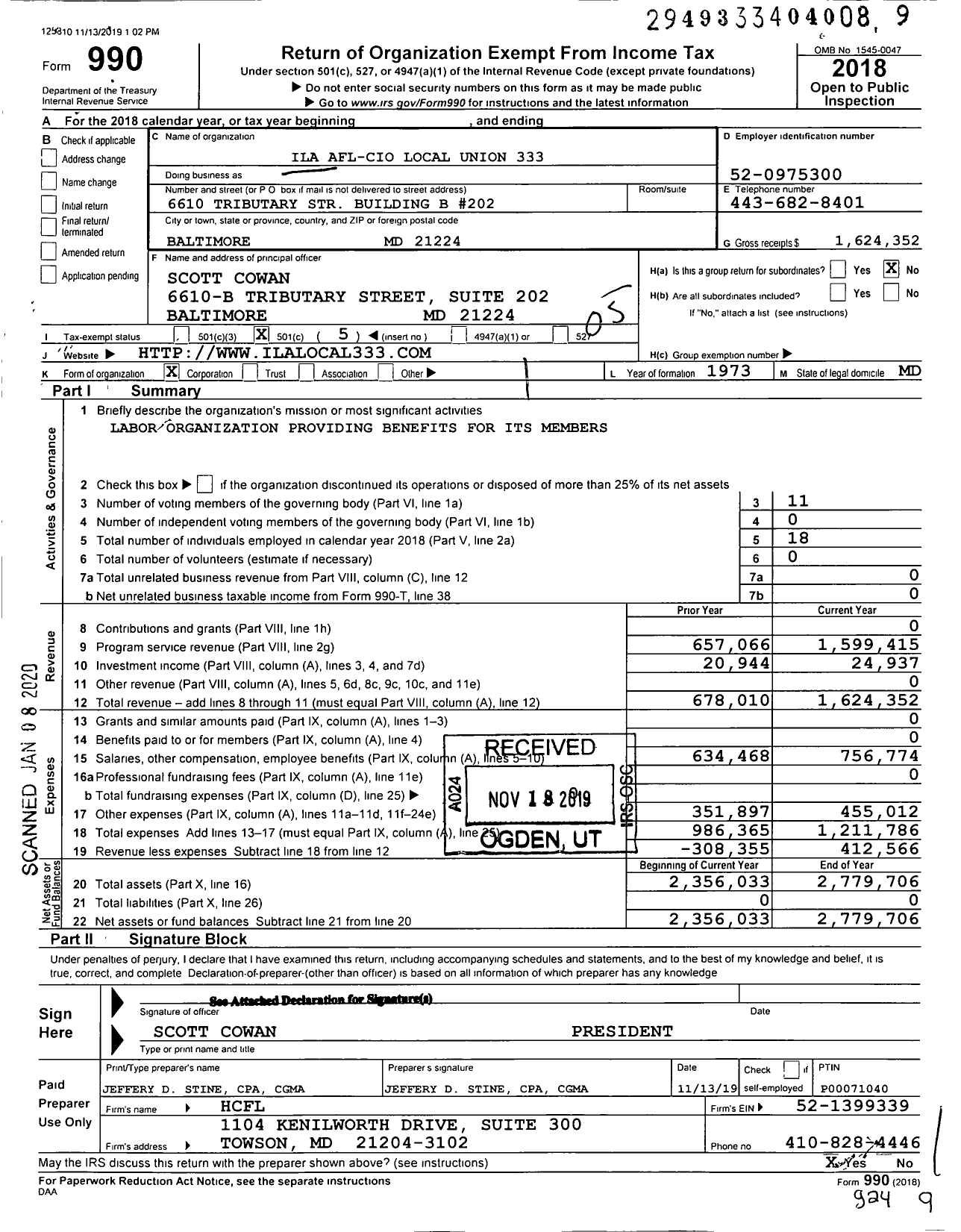 Image of first page of 2018 Form 990O for International Longshoremens Association Local 333