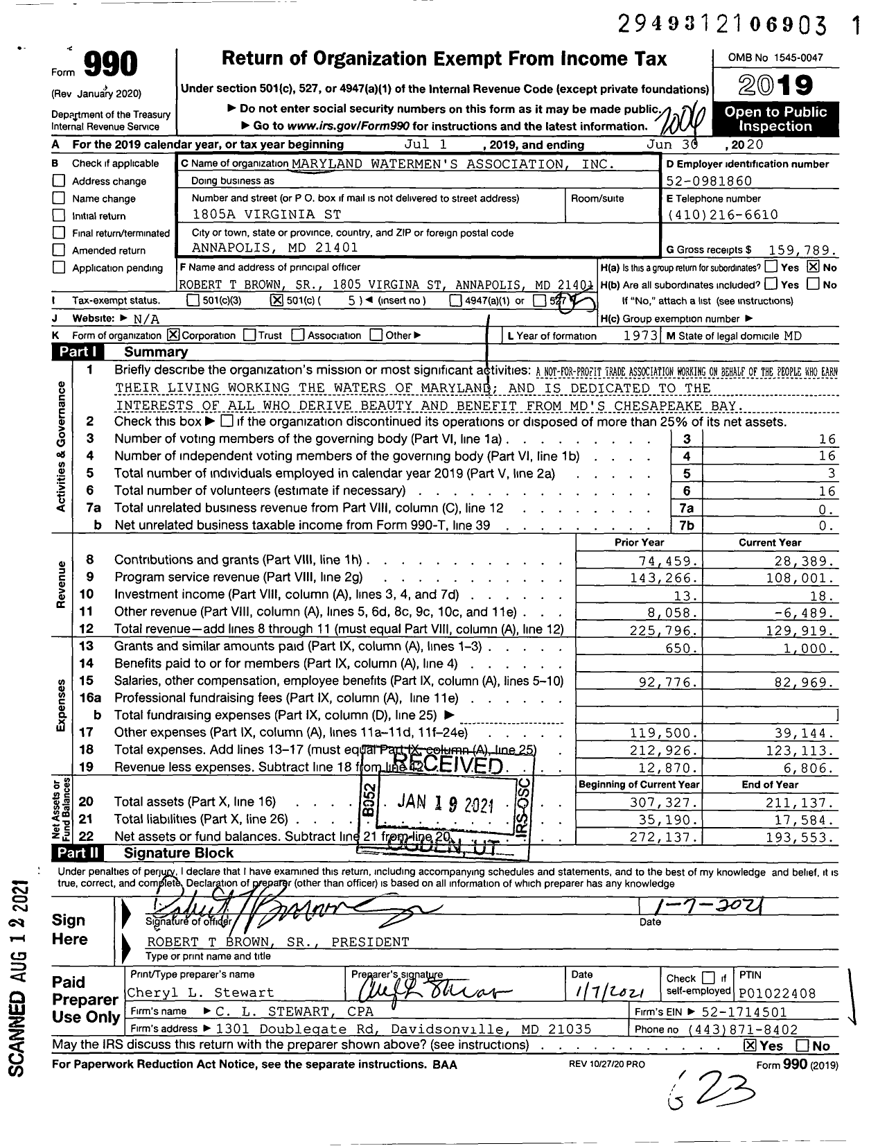 Image of first page of 2019 Form 990O for Maryland Watermens Association