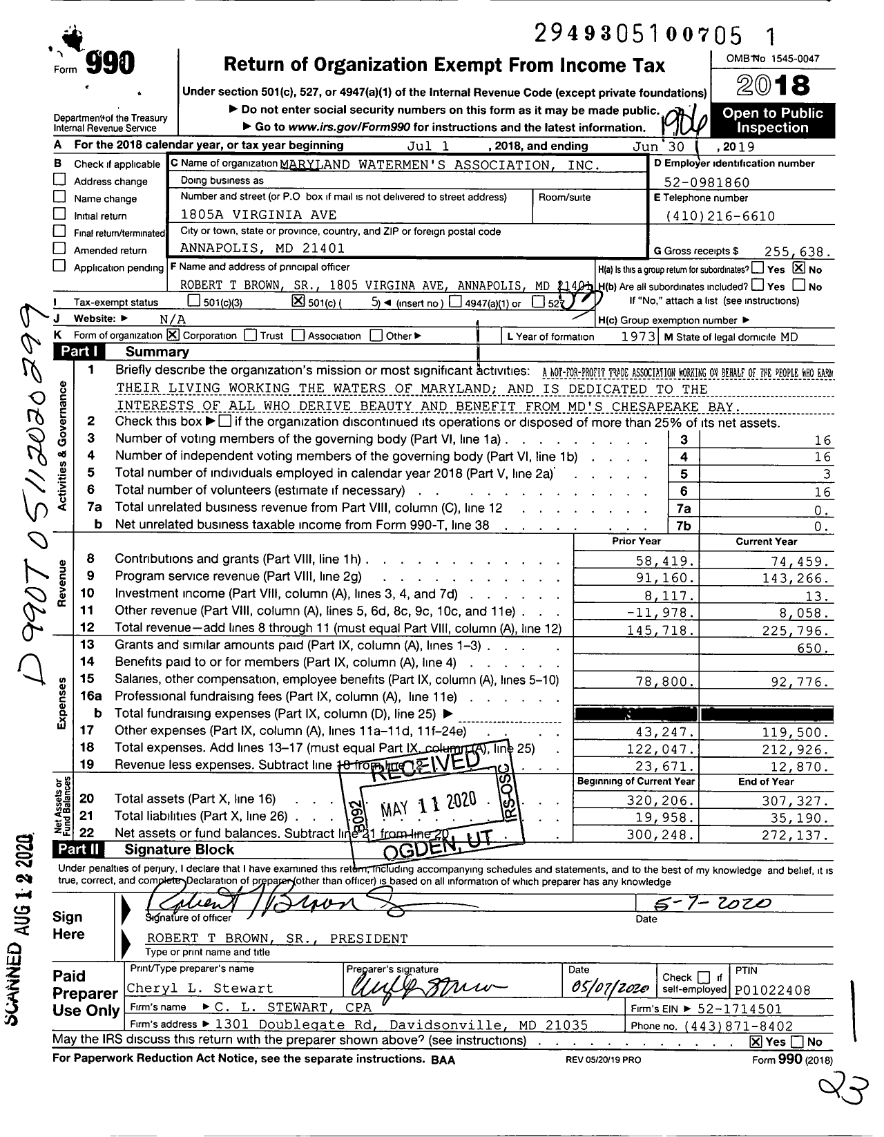 Image of first page of 2018 Form 990 for Maryland Watermens Association