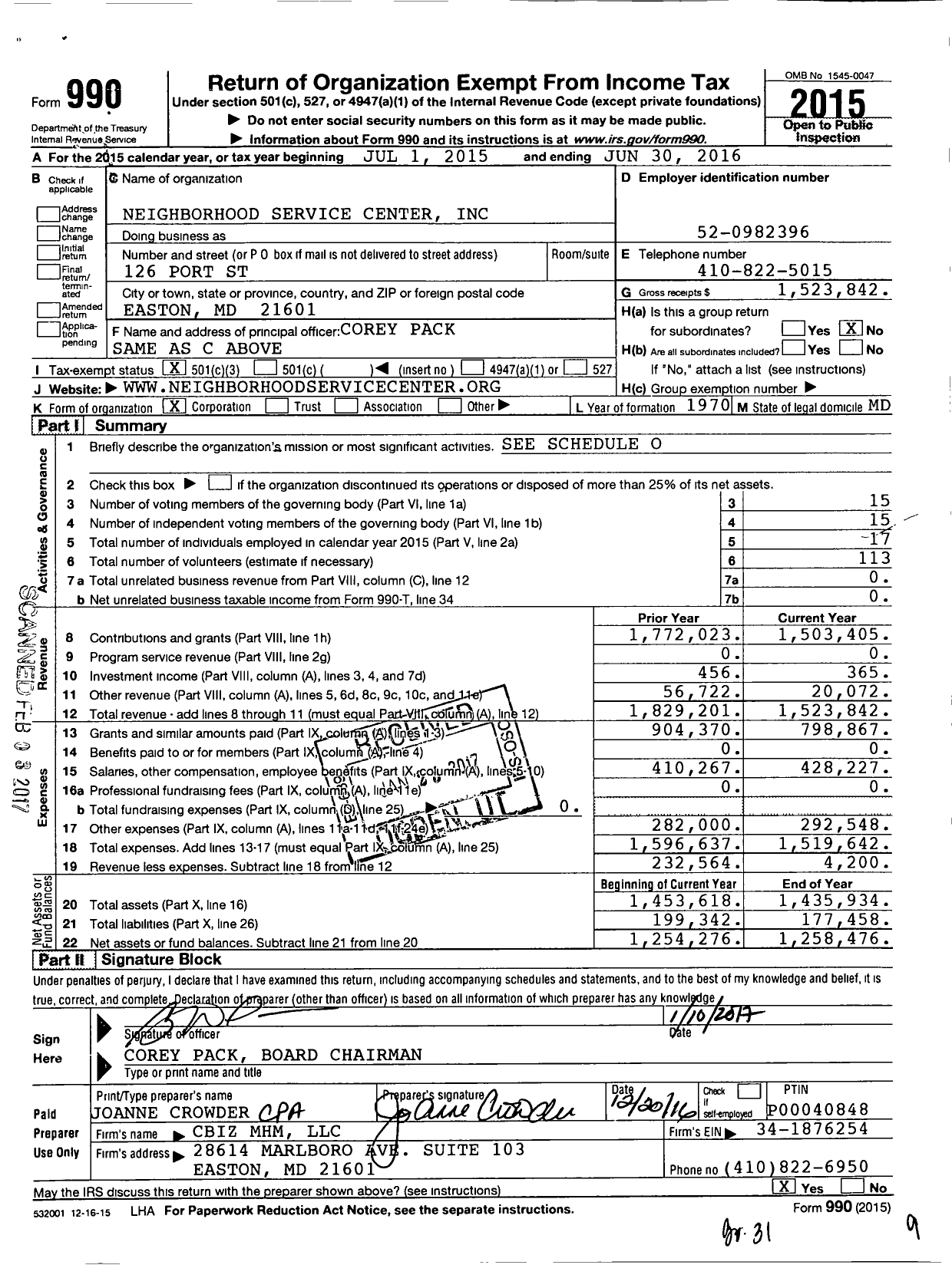 Image of first page of 2015 Form 990 for Neighborhood Service Center
