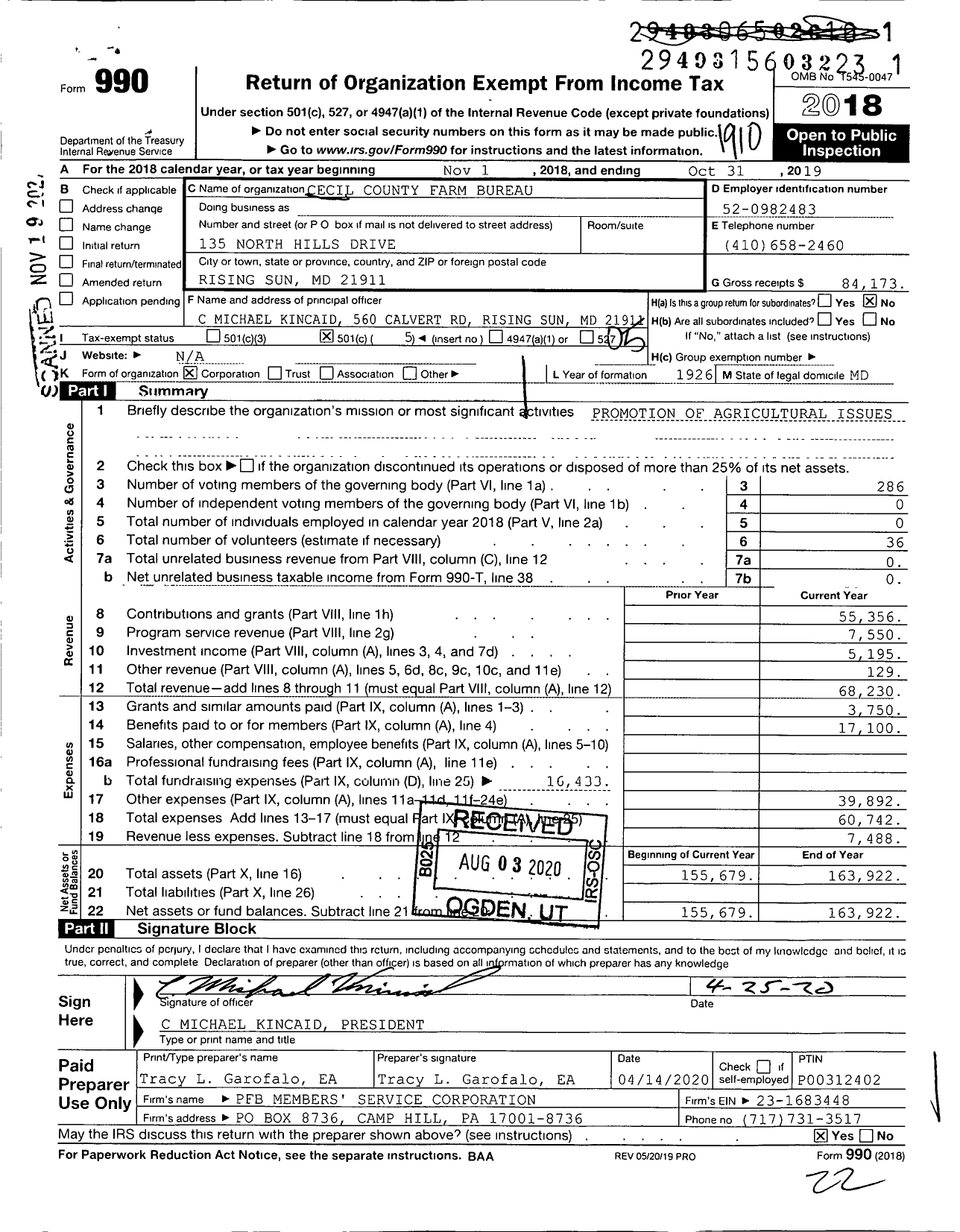 Image of first page of 2018 Form 990O for Cecil County Farm Bureau