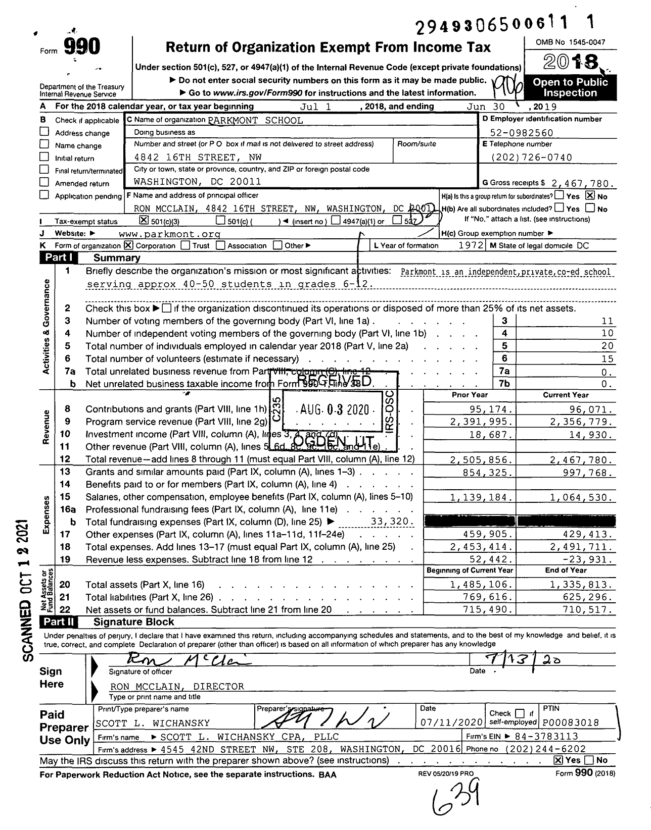 Image of first page of 2018 Form 990 for Parkmont School