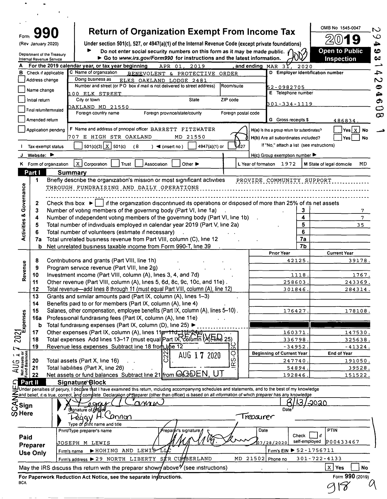 Image of first page of 2019 Form 990O for Benevolent and Protective Order of Elks - 2481 Oakland