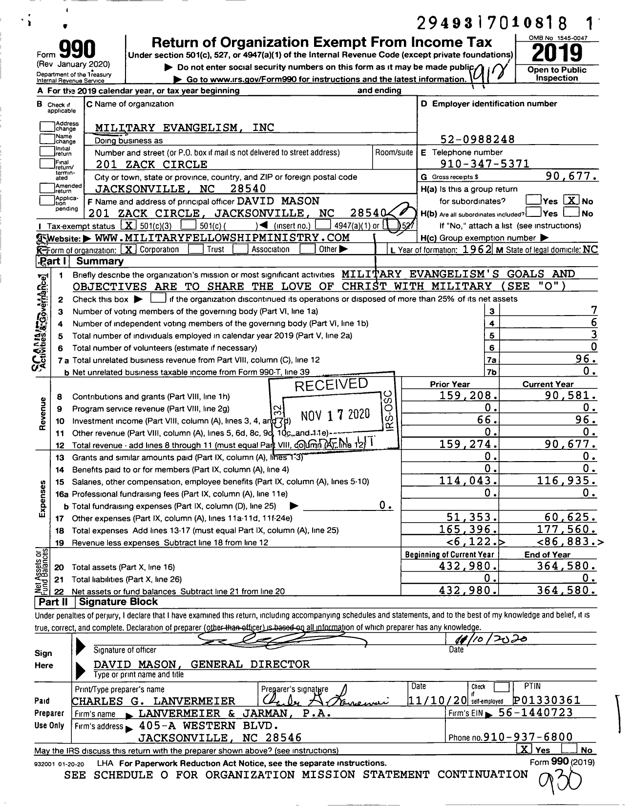Image of first page of 2019 Form 990 for Military Evangelism