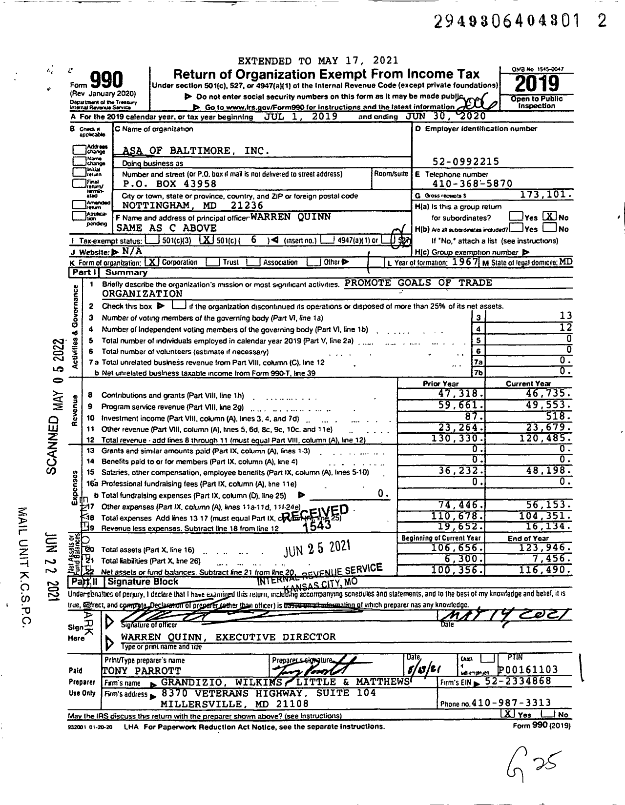 Image of first page of 2019 Form 990O for Asa of Baltimore