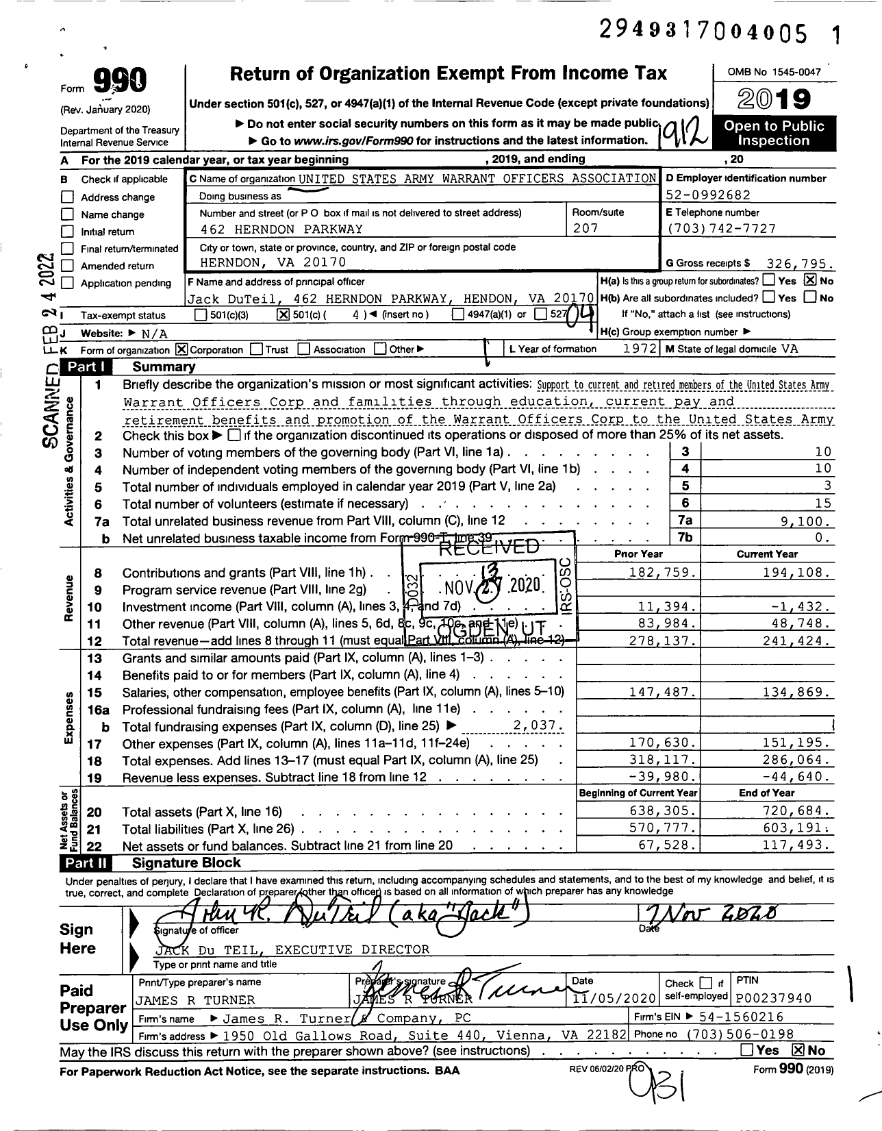 Image of first page of 2019 Form 990O for Us Army Warrant Officers Association