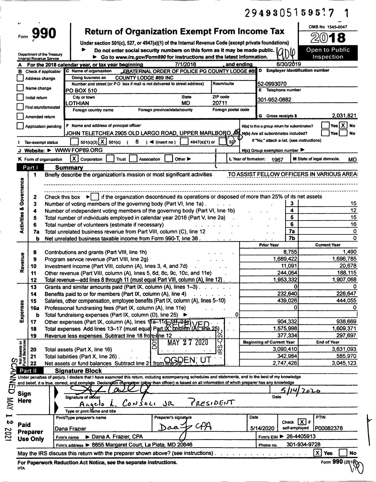 Image of first page of 2018 Form 990O for Fraternal Order of Police - County Lodge #89