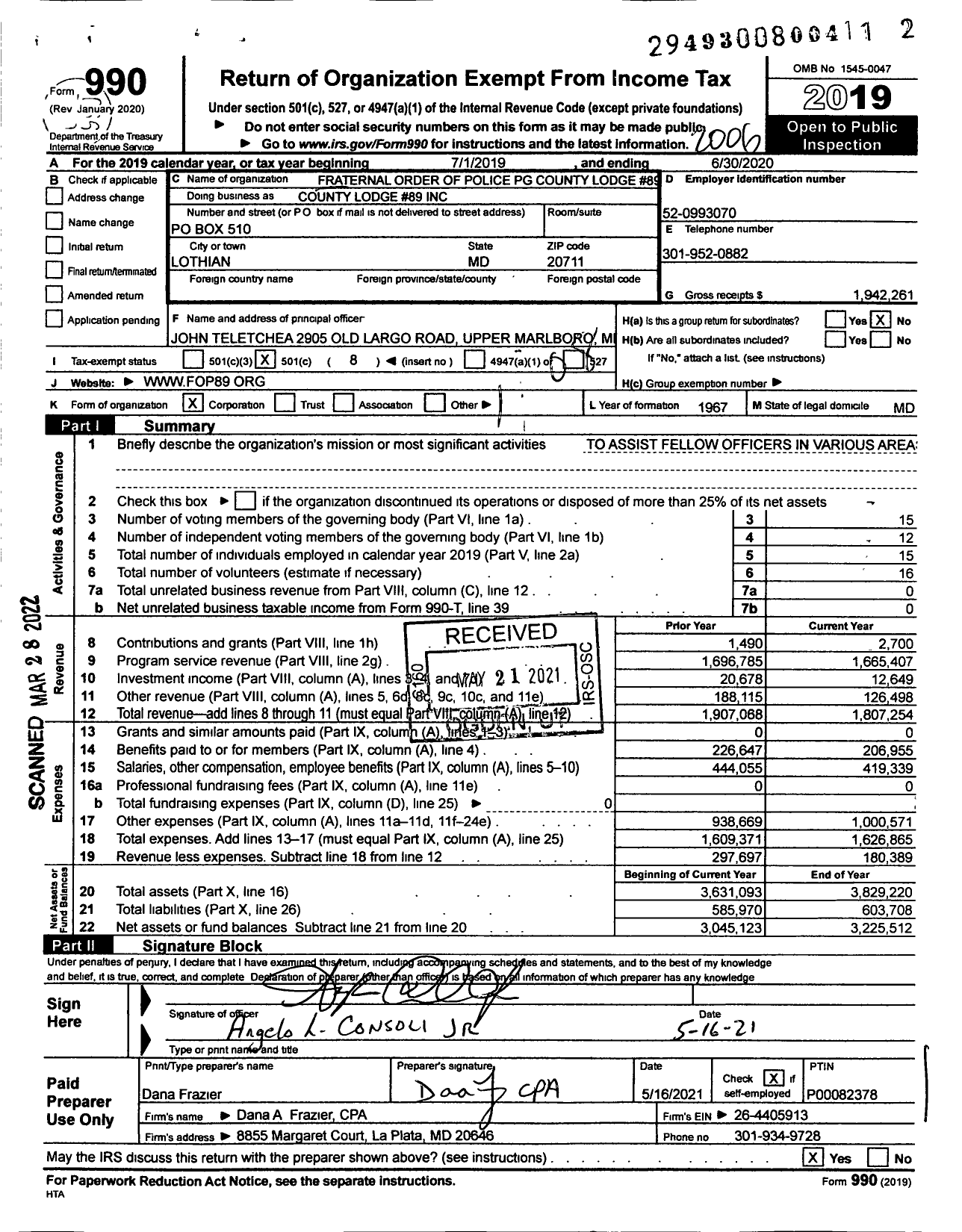 Image of first page of 2019 Form 990O for Fraternal Order of Police - County Lodge #89