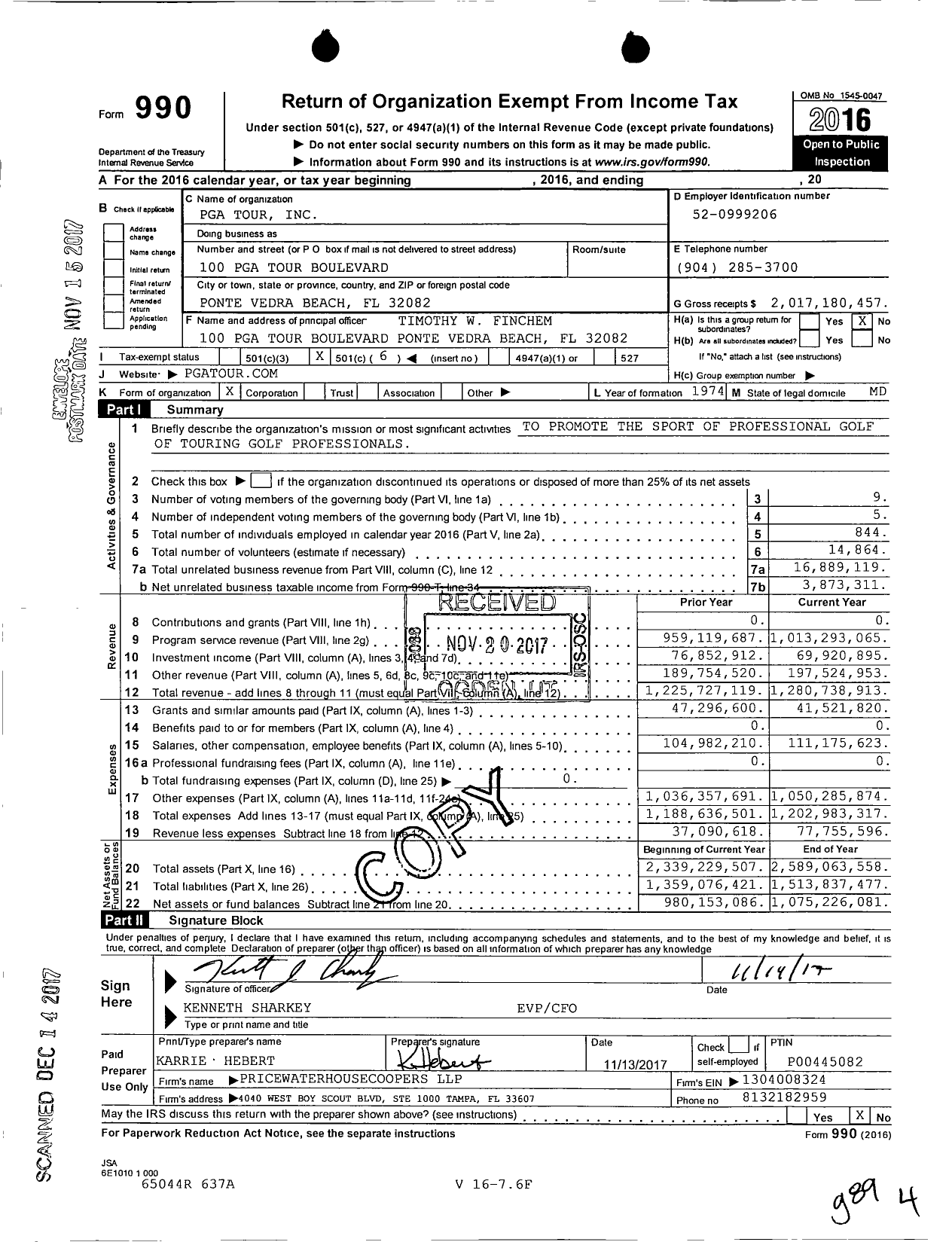 Image of first page of 2016 Form 990O for PGA Tour