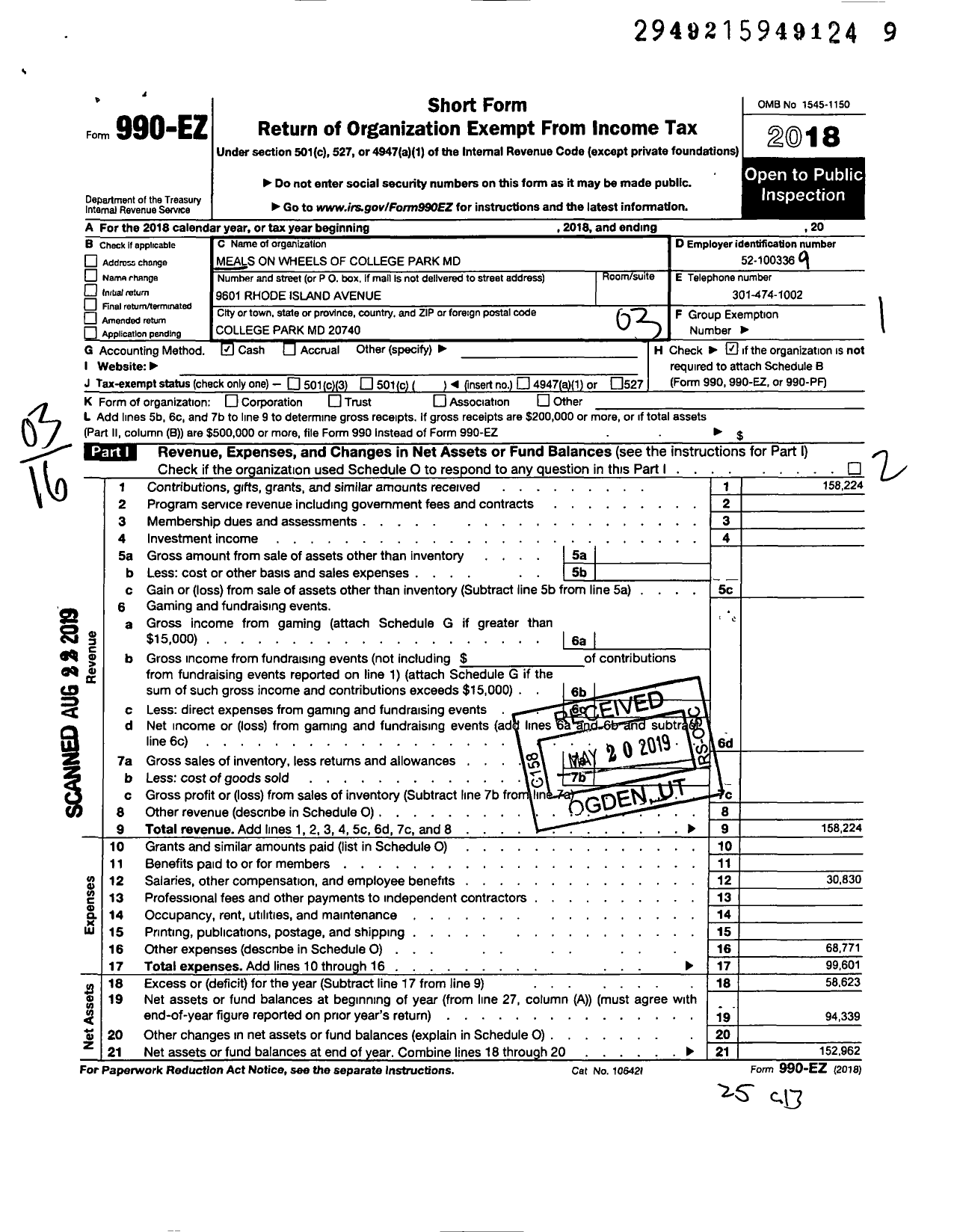 Image of first page of 2018 Form 990EZ for Meals on Wheels of the College Park Area