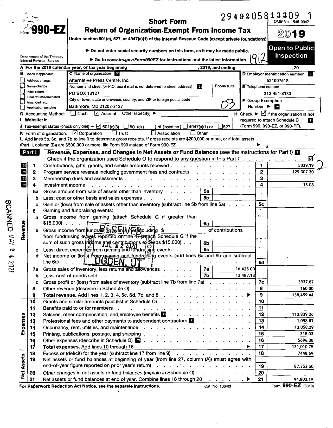 Image of first page of 2019 Form 990EZ for Alternative Press Centre