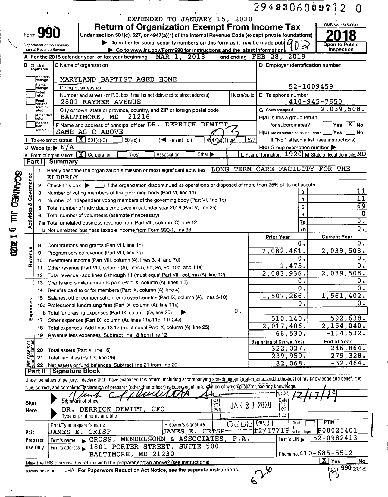 Image of first page of 2018 Form 990 for Maryland Baptist Aged Home