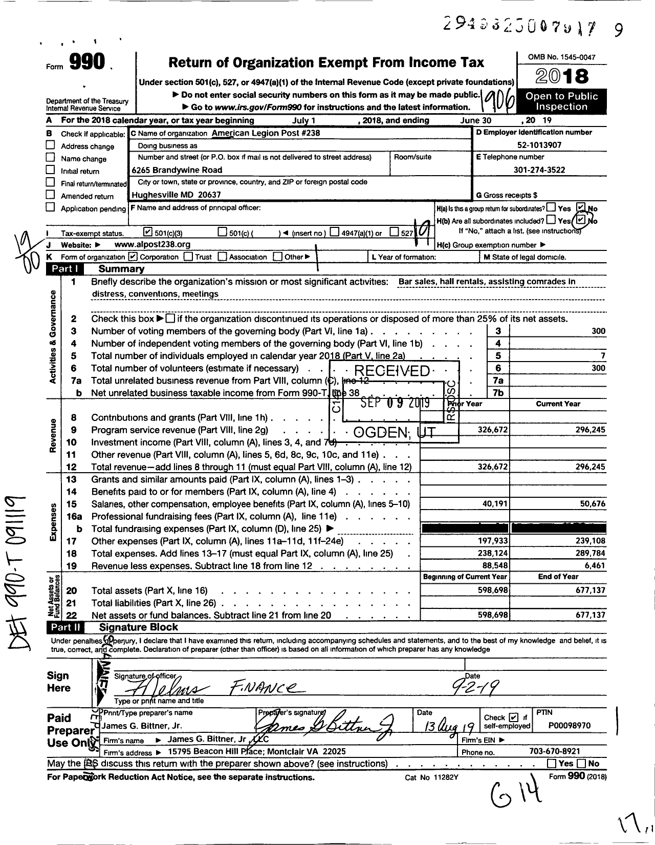 Image of first page of 2018 Form 990O for American Legion - 238 Jameson-Harrison