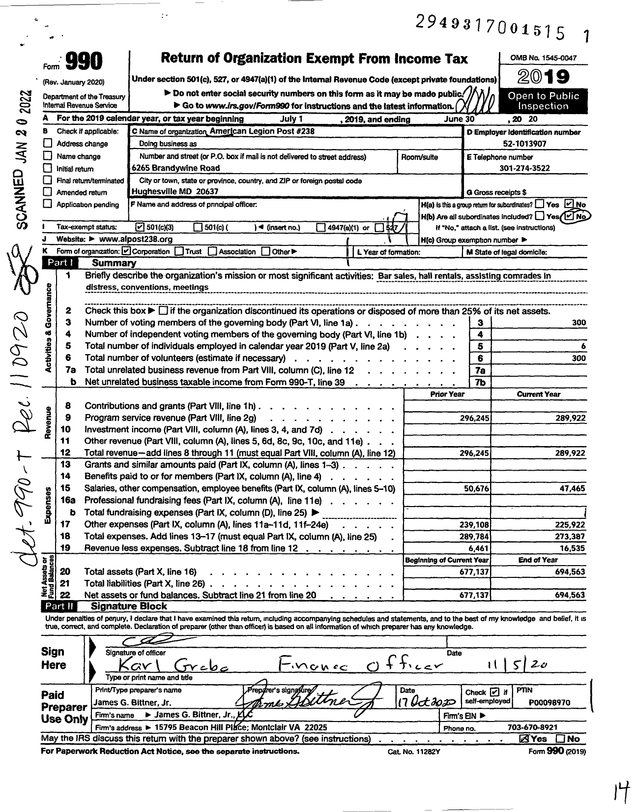 Image of first page of 2019 Form 990O for American Legion - 238 Jameson-Harrison
