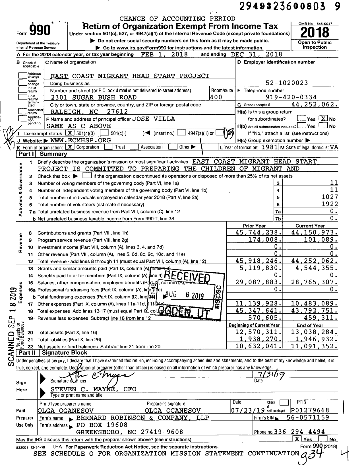 Image of first page of 2018 Form 990 for East Coast Migrant Head Start Project (ECMHSP)