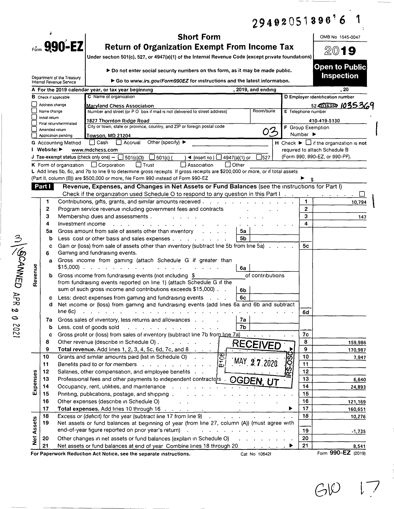 Image of first page of 2019 Form 990EZ for Maryland Chess Association