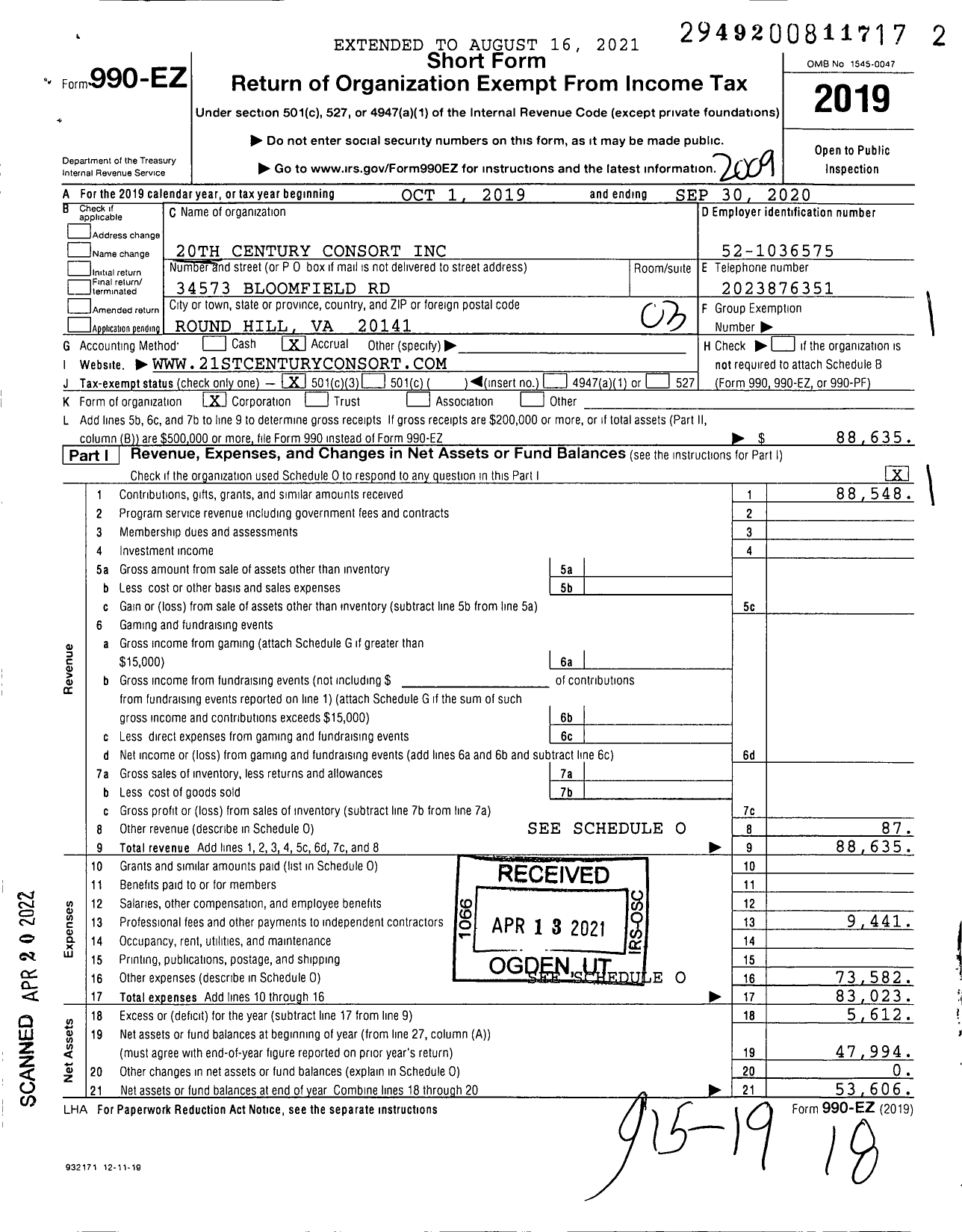 Image of first page of 2019 Form 990EZ for 20th Century Consort