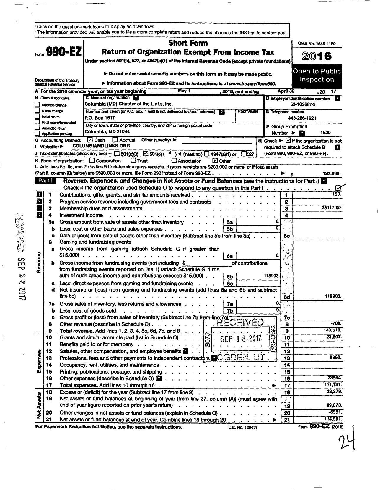 Image of first page of 2016 Form 990EO for Columbia MD Chapter The Links