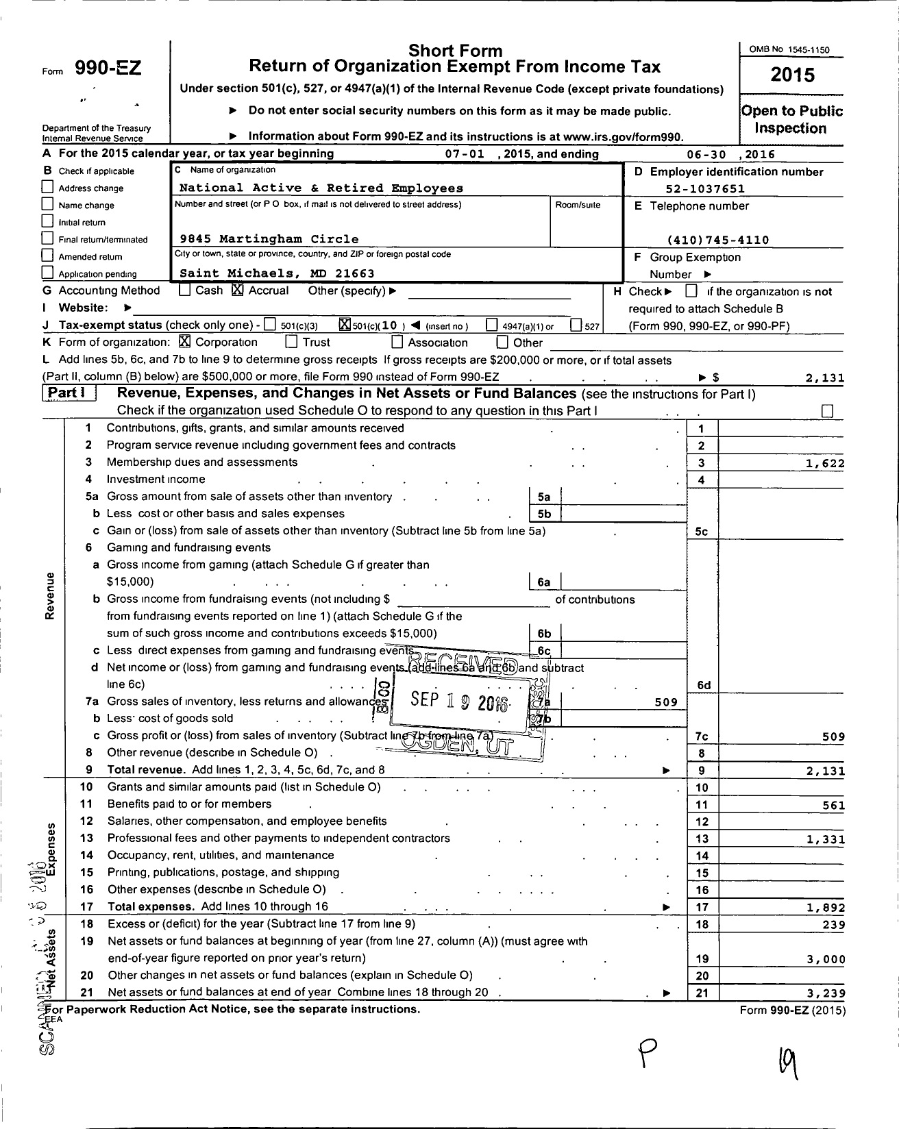 Image of first page of 2015 Form 990EO for National Active and Retired Federal Employees Association - 1372