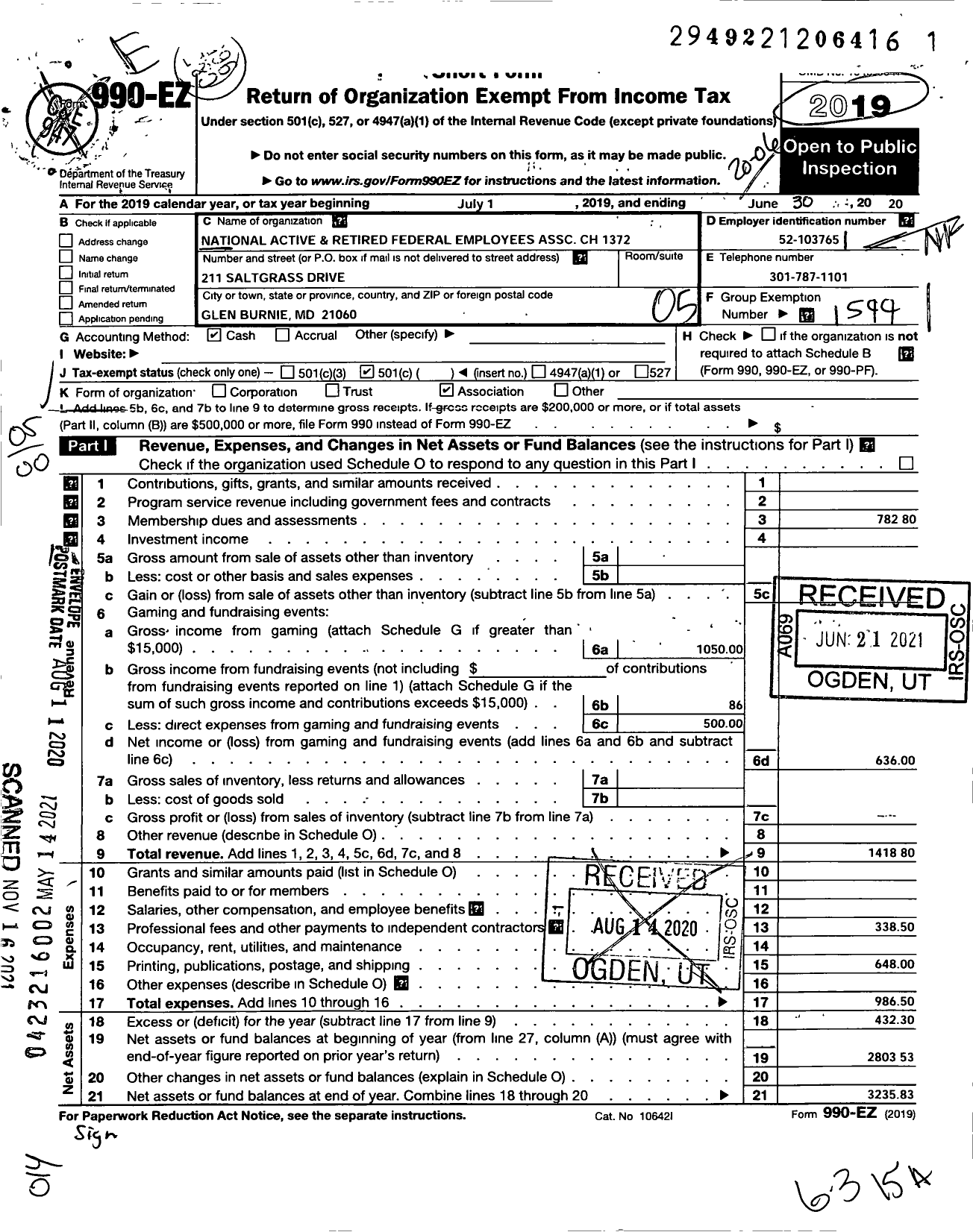 Image of first page of 2019 Form 990EO for National Active and Retired Federal Employees Association - 1372