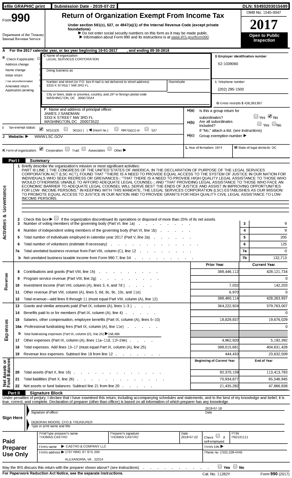 Image of first page of 2017 Form 990 for Legal Services Corporation (LSC)