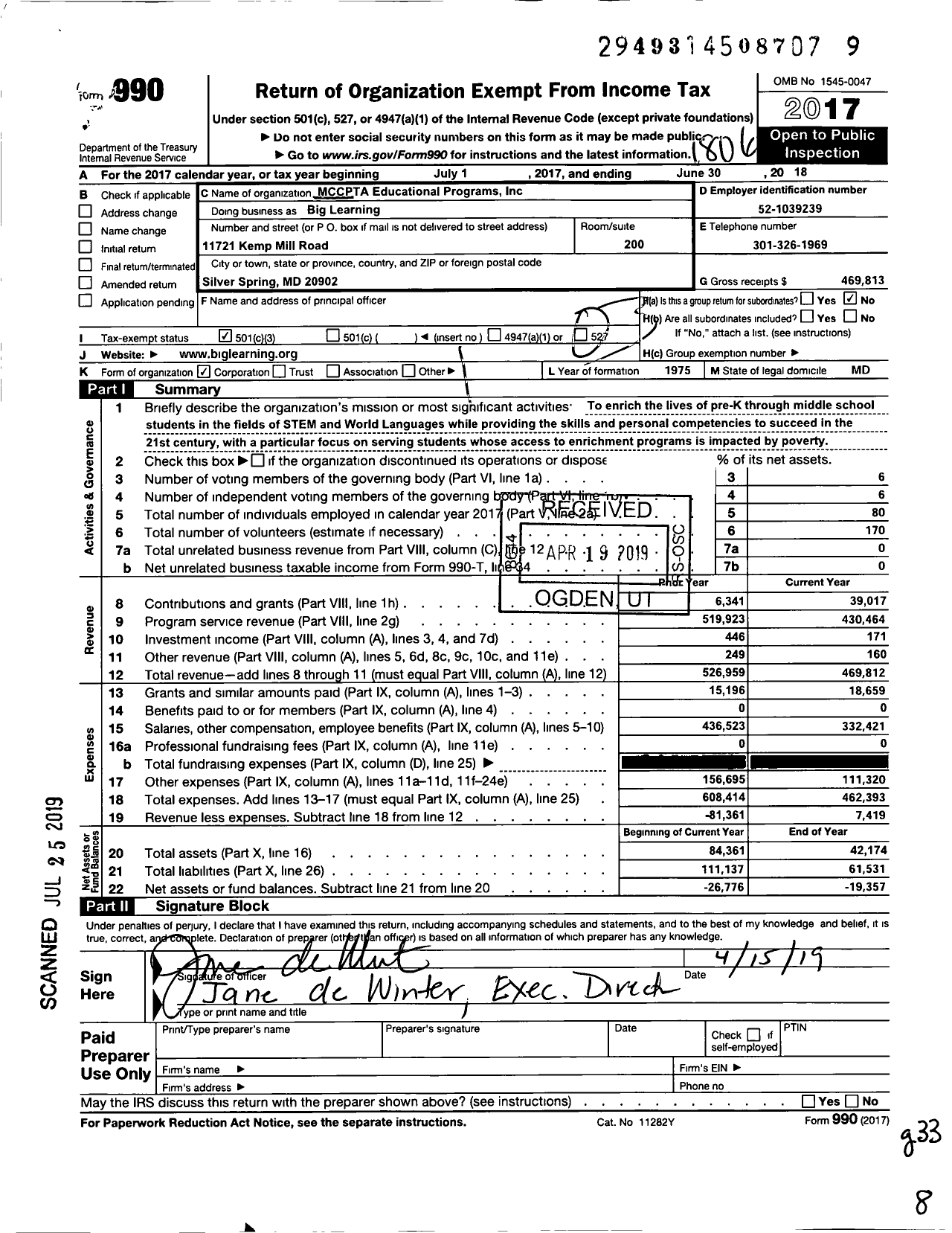 Image of first page of 2017 Form 990 for Big Learning