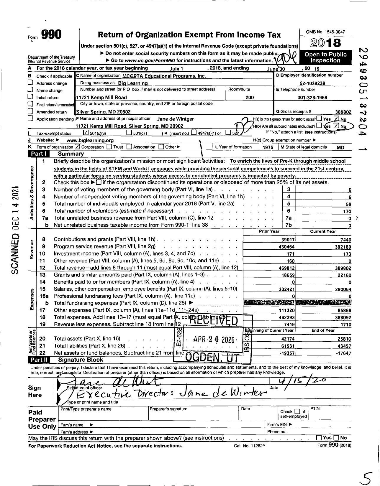 Image of first page of 2018 Form 990 for Big Learning