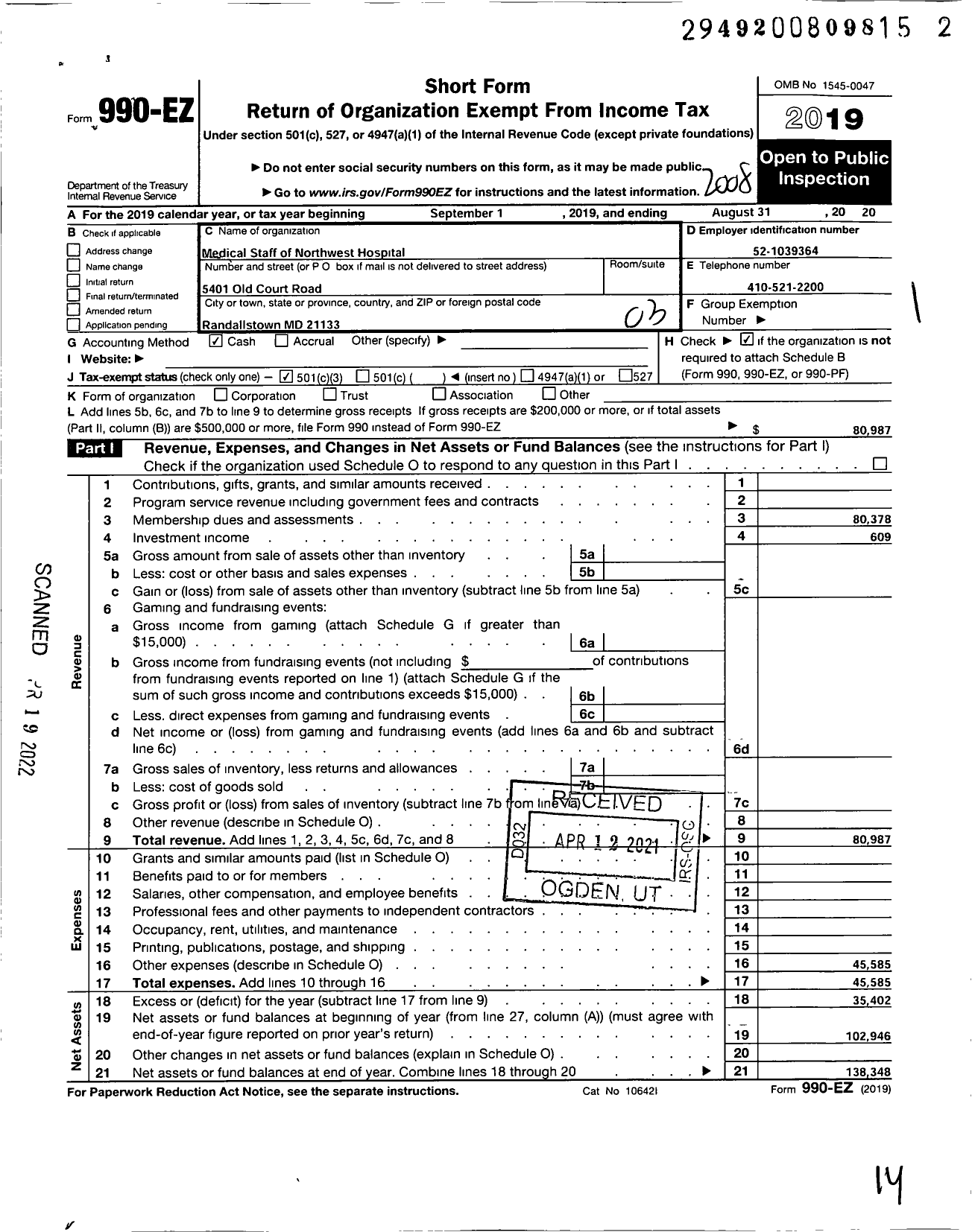 Image of first page of 2019 Form 990EZ for Medical Staff of the Baltimore County General Hospital