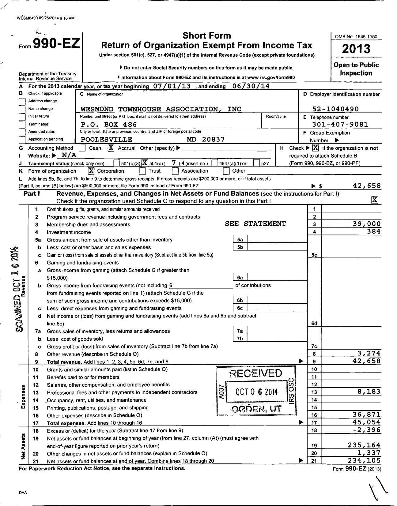 Image of first page of 2013 Form 990EO for Westmond Townhouse Association