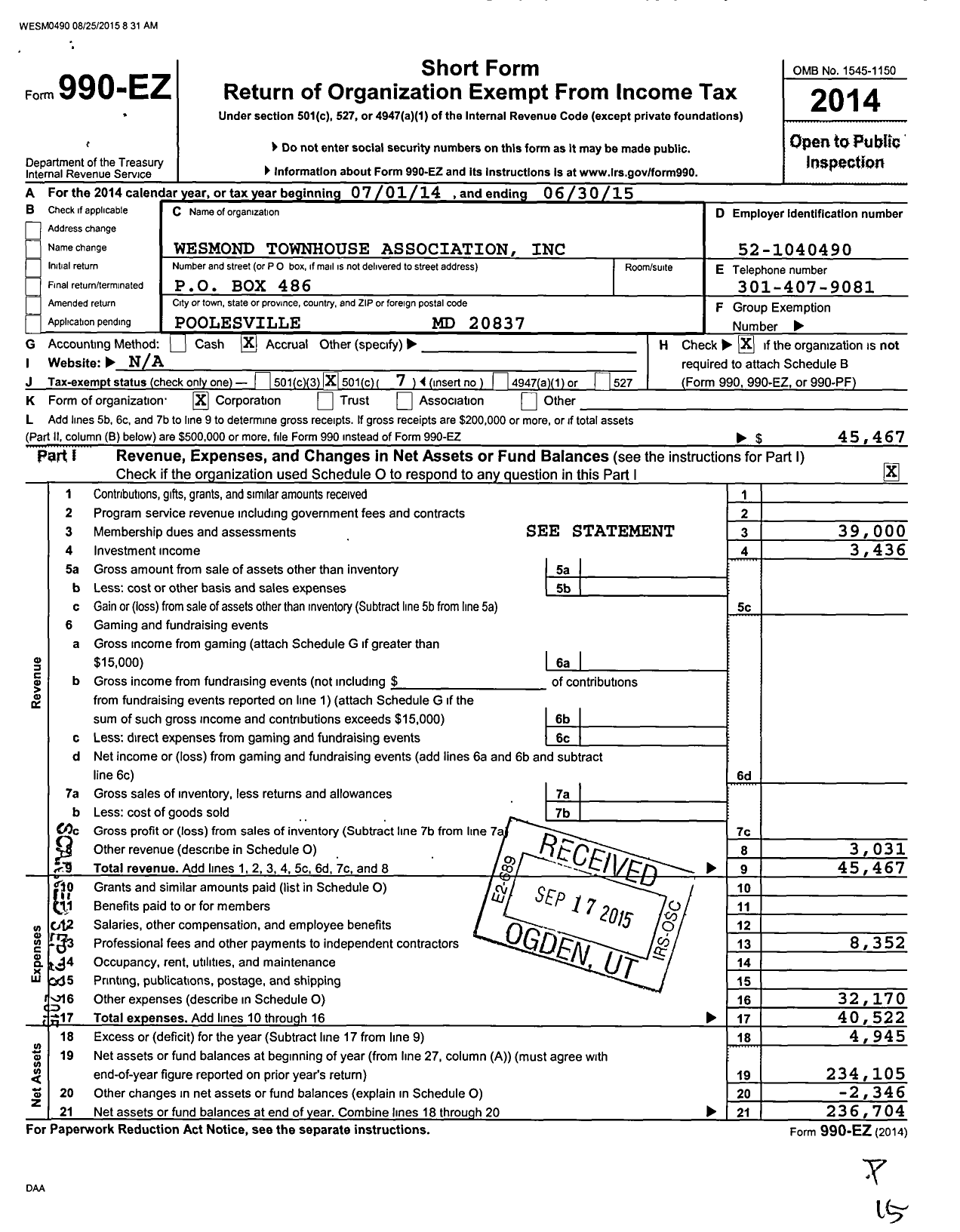 Image of first page of 2014 Form 990EO for Westmond Townhouse Association