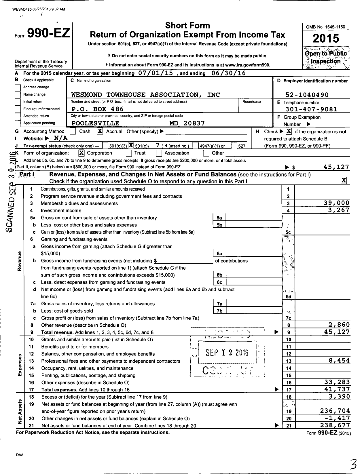 Image of first page of 2015 Form 990EO for Westmond Townhouse Association