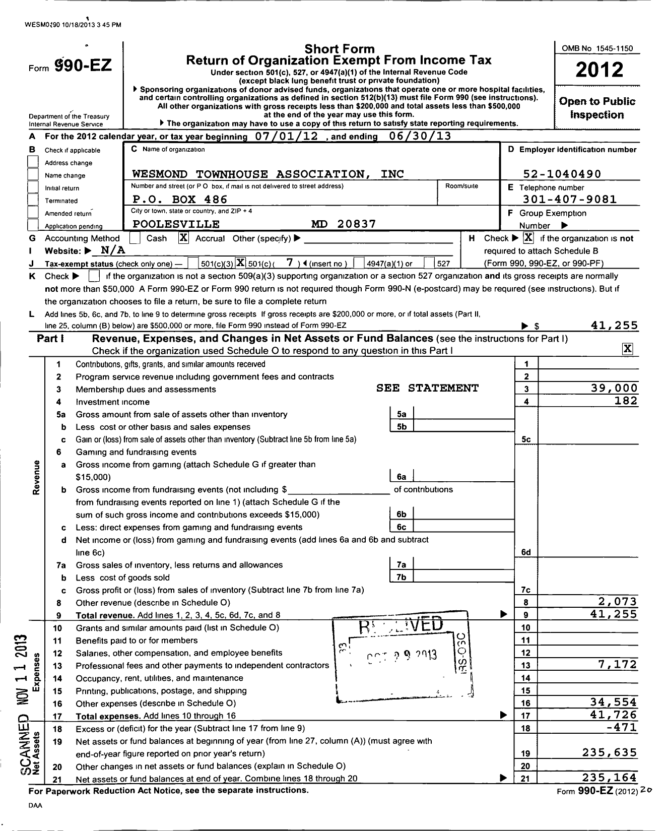 Image of first page of 2012 Form 990EO for Westmond Townhouse Association