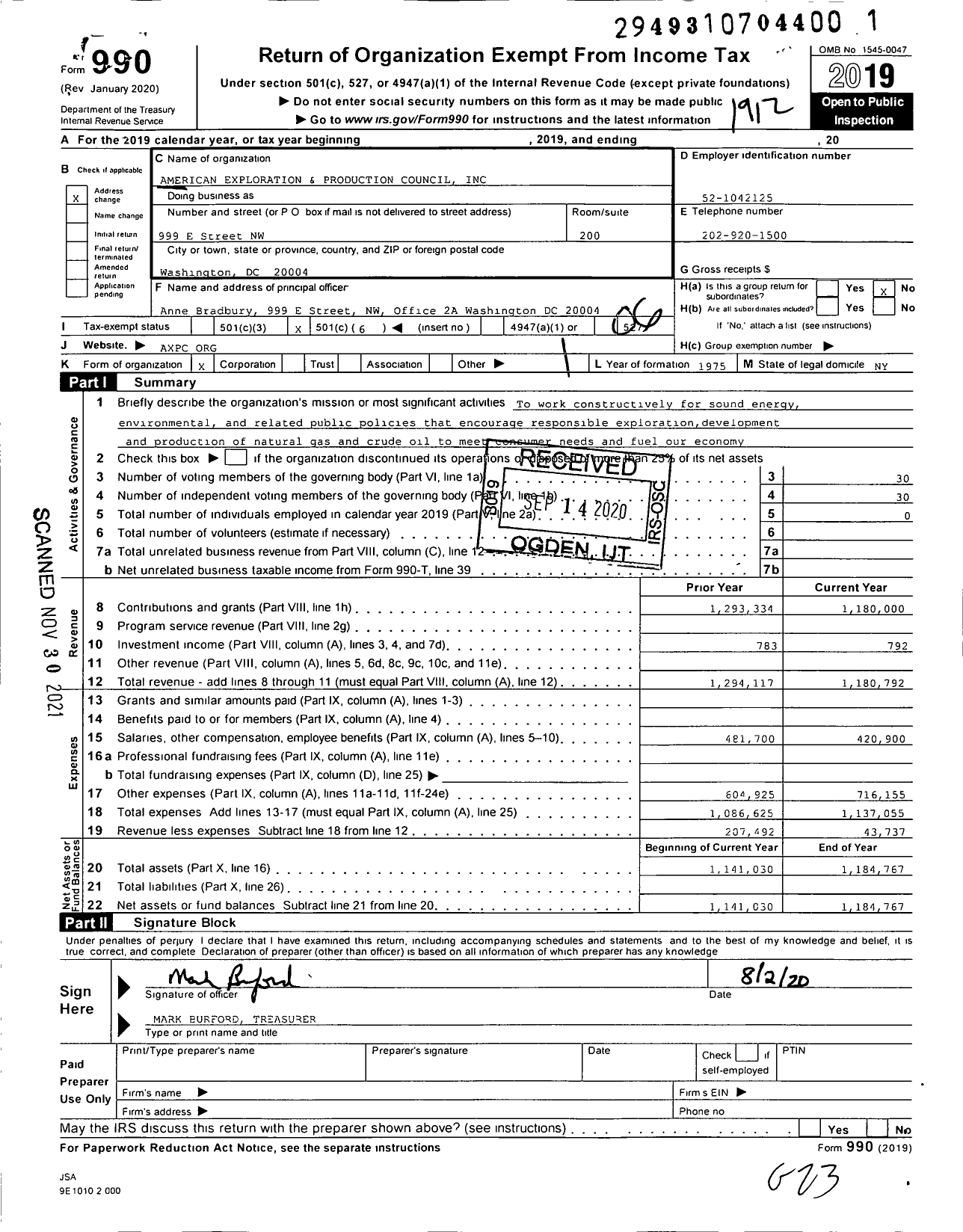 Image of first page of 2019 Form 990O for American Exploration and Production Council (AXPC)