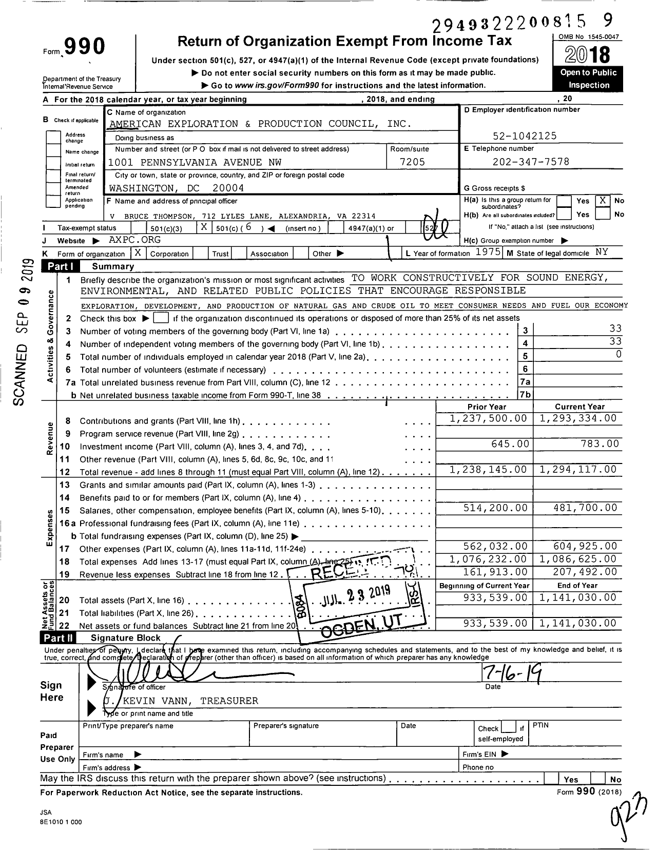 Image of first page of 2018 Form 990O for American Exploration and Production Council (AXPC)
