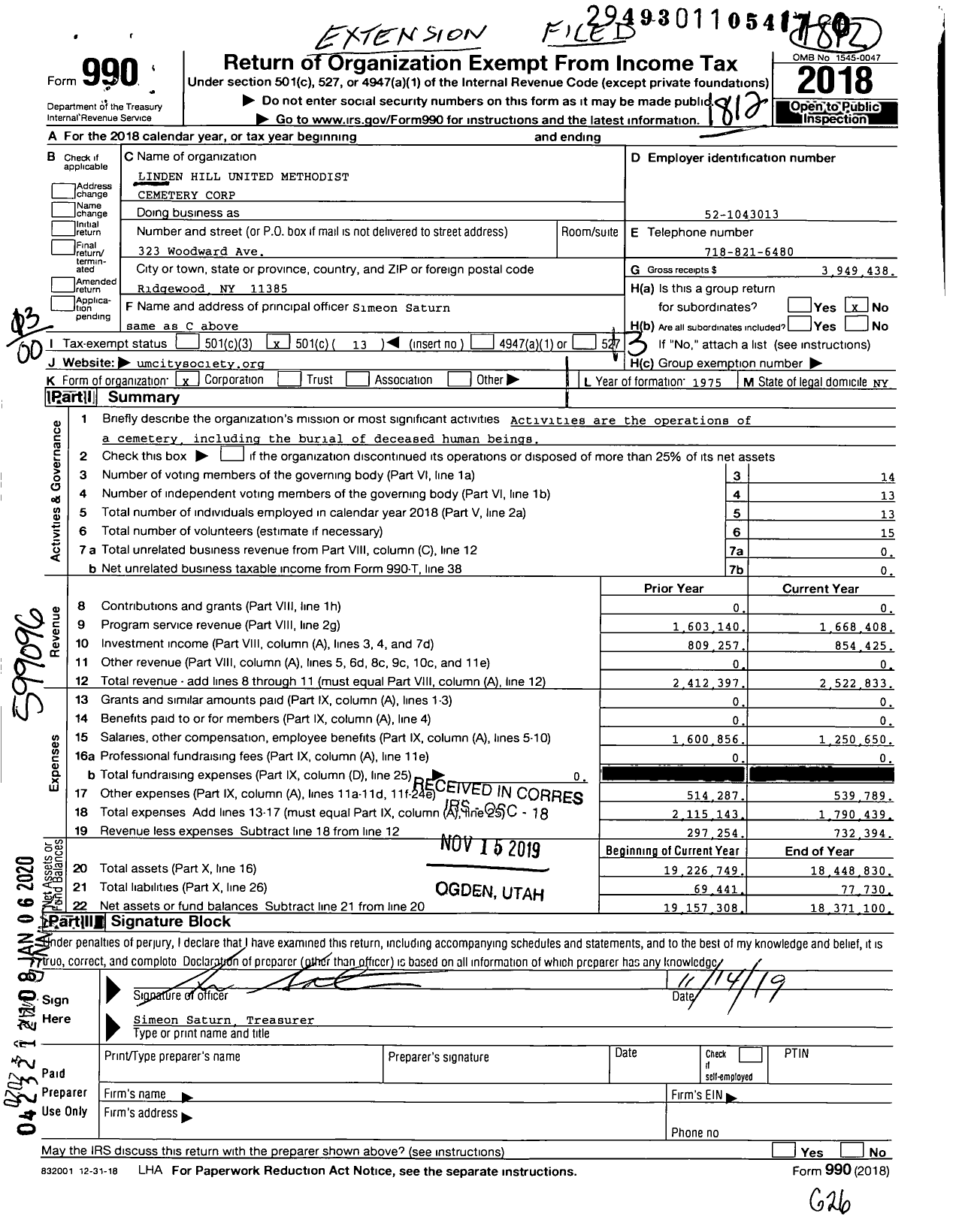 Image of first page of 2018 Form 990O for Linden Hill United Methodist Cemetery Corporation