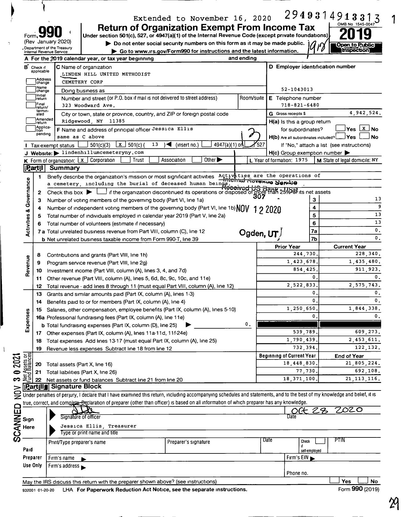 Image of first page of 2019 Form 990O for Linden Hill United Methodist Cemetery Corporation