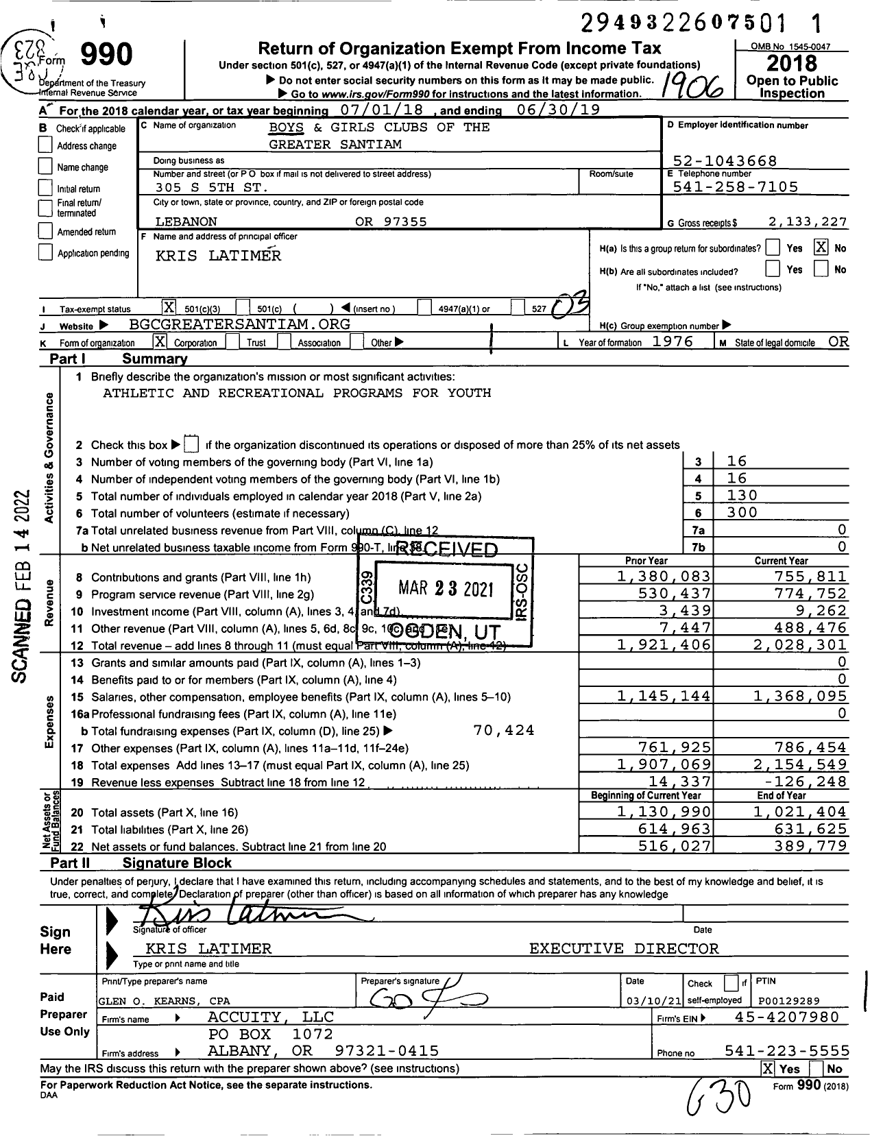 Image of first page of 2018 Form 990 for Boys and Girls Clubs of the Greater Santiam